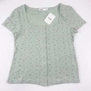 Elodie Tee Womens XL Green Floral Button Tshirt Shirt NWT